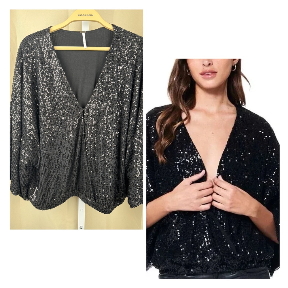 YFB Young Fabulous &‎ Broke Black Bat Wing Sequin Top V Neck Long Sleeve Small